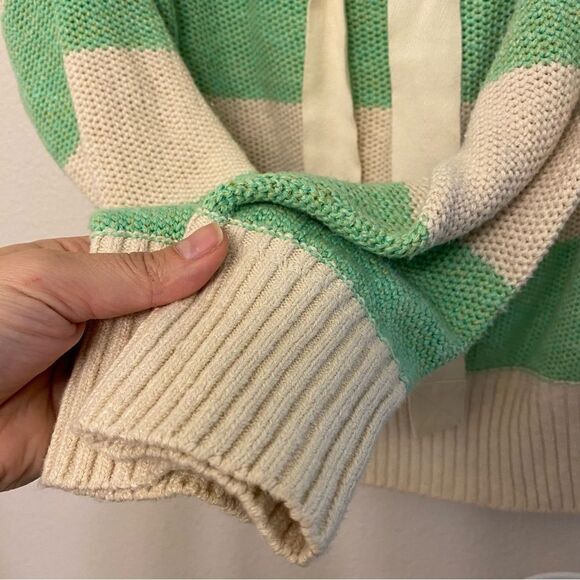 Free People Cassidy Off Shoulder open Knit Sweater kelle green Stripe linen S - Picture 4 of 9